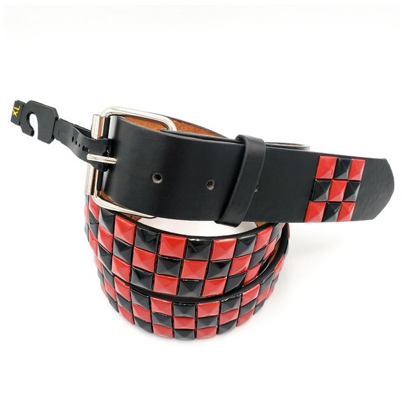 New Black and Red Studded Leather Belt Unisex 3-Rows Metal Pyramid Size Large - Picture 2 of 2
